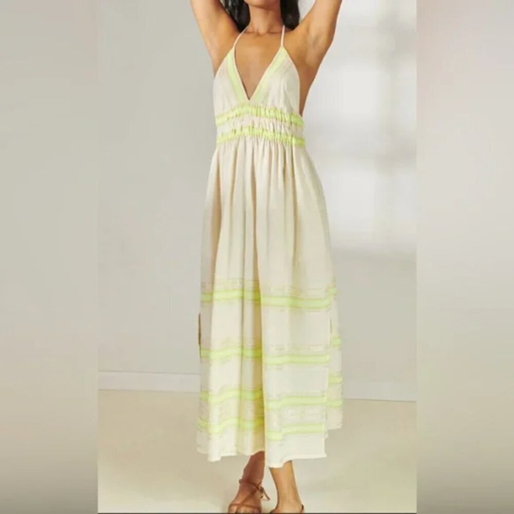 Lemlem Gete Hand Spun Woven Halter Maxi Sun/Cover-up Dress in Lomi Keylime Large